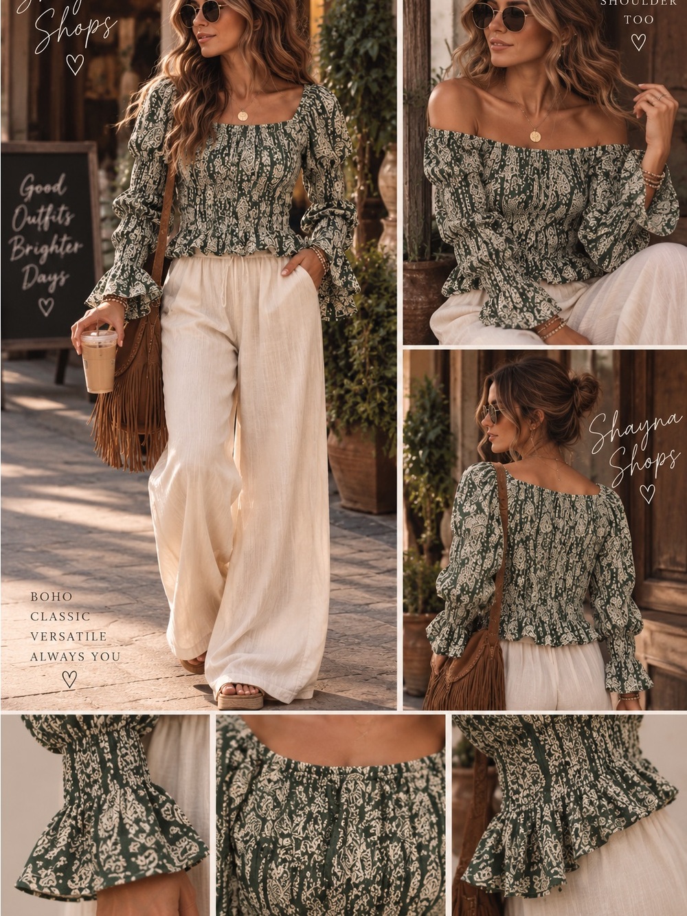 Boho Olive Green Floral Off-Shoulder Blouse by